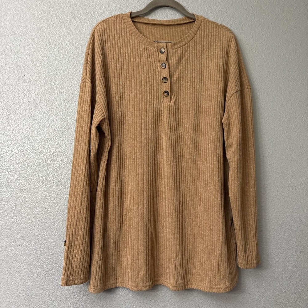 Women's Tan Long Sleeve 4 Button Blouse Top with Sleeve Button Details